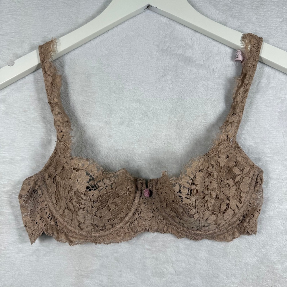 Victorias Secret 32C Unlined Demi Bra Floral Lace Underwire Taupe Brown 7984